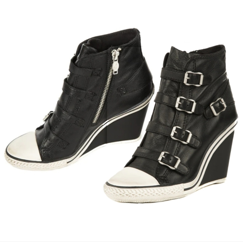 Ash Thelma black white silver buckle up leather wedge sneakers like new sz 9